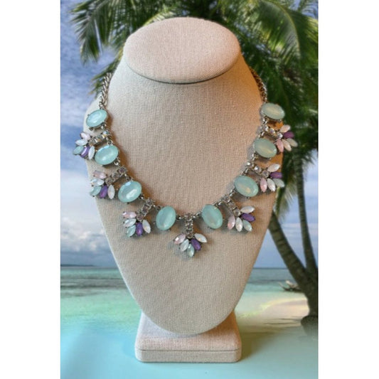 Charming Charlie Statement Necklace with Teal, Pink & White Cabochons, Rhinestones, Choker Necklace