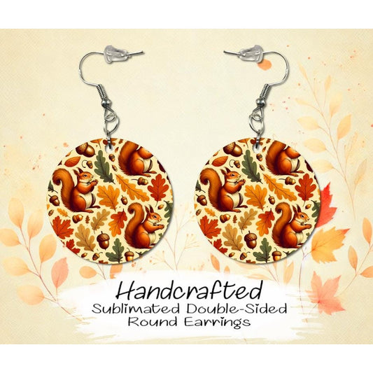 Fall Squirrels and Leaves Double-Sided MDF Earrings, Autumn Earrings, Handmade Round Earrings