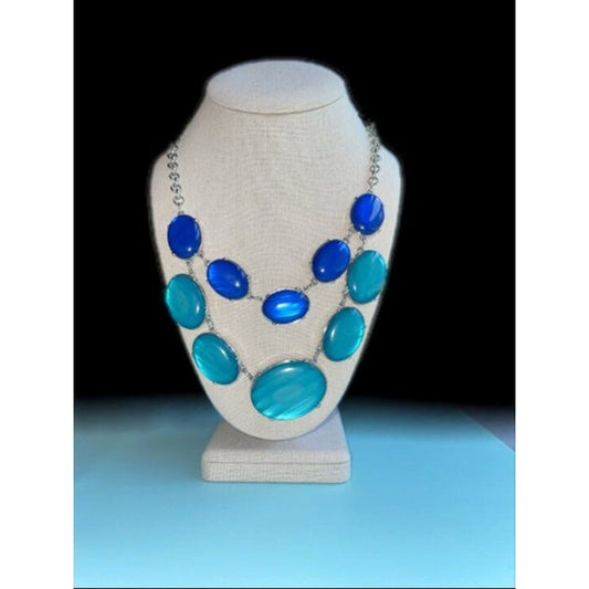 Cobalt Blue and Turquoise Bib Necklace, Silver Chain, Lucite Pendant, Statement Necklace, Vintage Jewelry