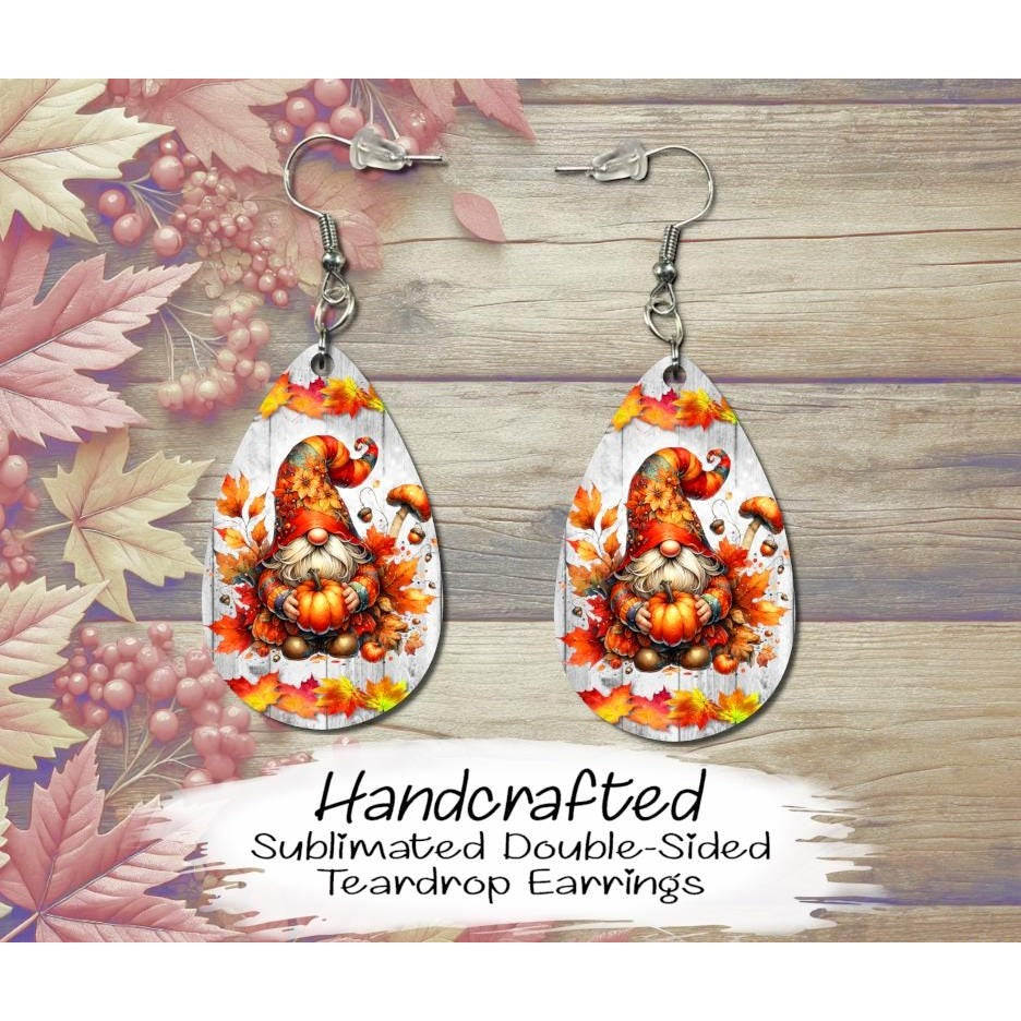 Fall Gnome with Pumpkin Double-Sided MDF Earrings, Gnome Earrings, Handmade Teardrop Earrings