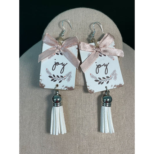 Rustic "Joy" Christmas Tassel Earrings with MDF Wood Tags