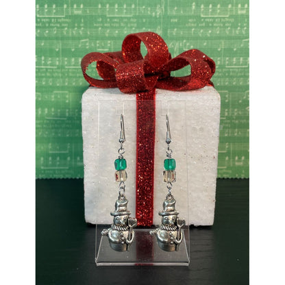 Jolly Snowman Charm Earrings with Green and Gold Accents